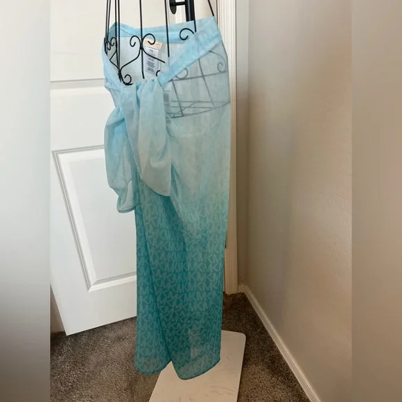 MICHAEL KORS MK Signature Ombre Logo Pareo Turquoise Beach Cover-Up - Picture 5 of 15
